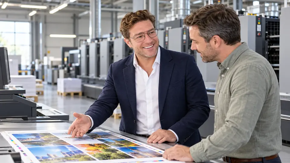 Deux professionnels commentent des épreuves imprimées devant une ligne de presses offset