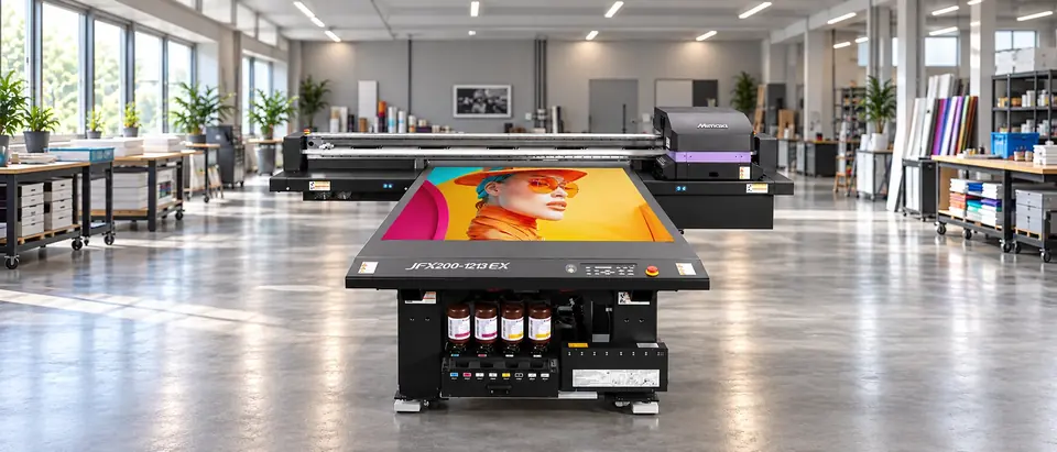 Mimaki JFX200 UV flatbed printer printing a colourful portrait in a bright workshop