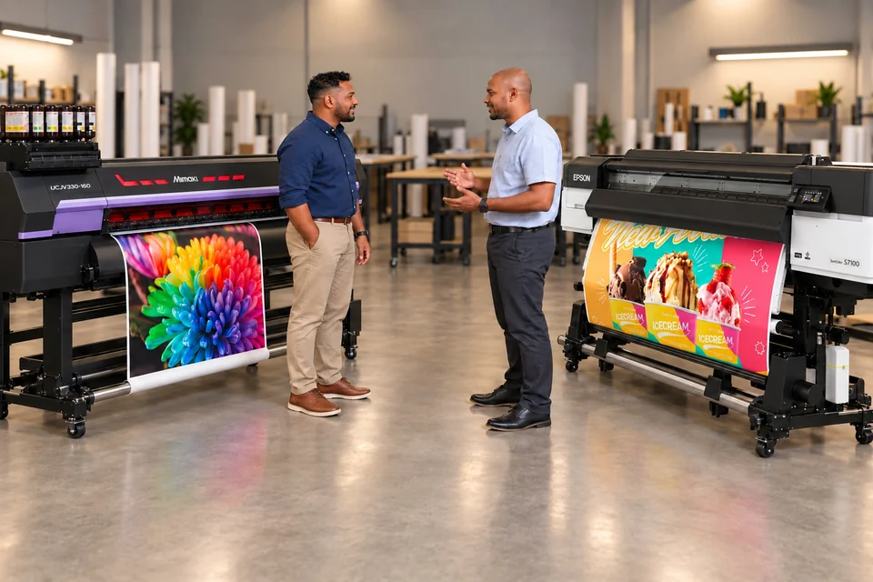 Conseil entre une imprimante Mimaki UCJV330-160 et une Epson SureColor SC-S7100, chacune avec une impression couleur