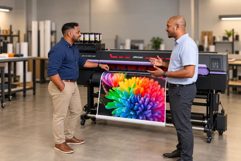 Customer consultation at a Mimaki UCJV330-160 printer that has just printed a multicoloured flower
